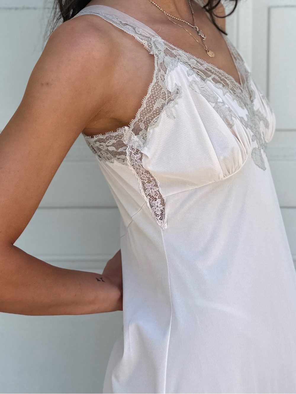 Vintage 60s Nightgown Maxi Slip Dress Lace-Trim Long Chemise Slip in Cream Ecru - Picture 6 of 14